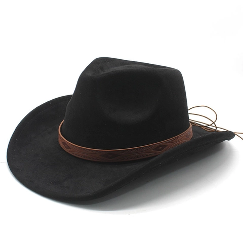 Retro Western Cowboy Hat Faux Suede Wide Brim With Embossed Leather Band Ethnic Style For Men Women