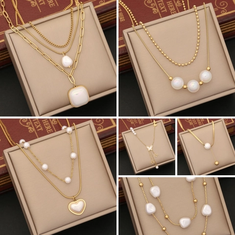 Collana Multistrato Acciaio Inossidabile Ciondolo Cuore Farfalla Perla Artificial ABS Gioielli Di Moda Eleganti Per Donna
