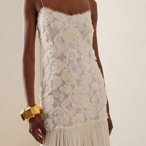 Women Camisole Maxi Dress 3D Floral Applique Pleated Hem Square Neck High Waist Elegant Sweet Sleeveless Long Robe