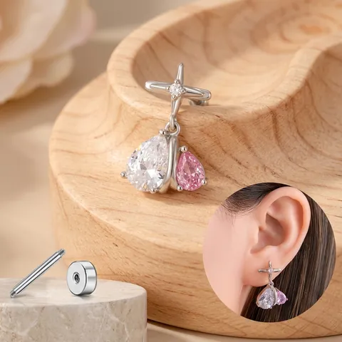 Cross Star Double Water Drop Stud Earrings Copper Pink Clear Zircon With Titanium Steel Earring Post Screw Back Design
