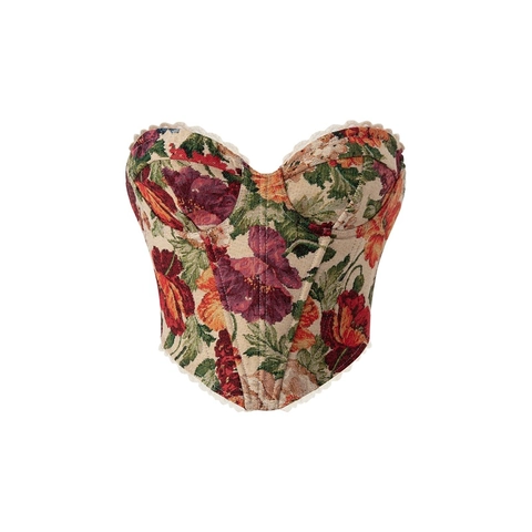 Women Vintage Jacquard Corset Top French Floral Lace Trim Lace Up Fishbone Boned Bustier Tube Top Slimming Streetwear Party Top