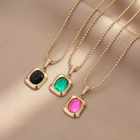 Vintage Anhänger Halskette Titanstahl Kugelkette Rechteckig Oval Synthetischer Kristall Vergoldeter Luxusschmuck Für Damen