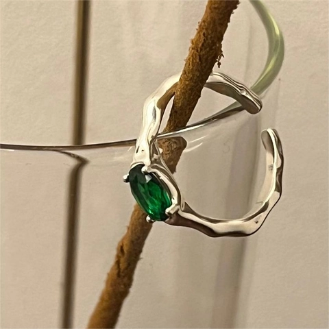 Anillo De Plata De Ley 925 Piedra Preciosa Verde Óvalo Textura Líquida Irregular Ajustable Estilo Coreano Joyería Mujer