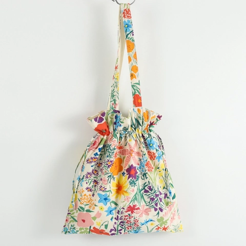 Sac À Épaule En Toile De Coton Imprimé Floral Fermeture À Cordon Grande Capacité Style Pastoral Frais Sac À Main Pour Femmes