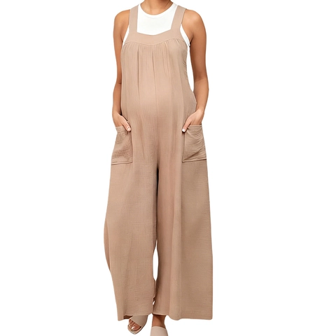 Umstands Jumpsuit Weites Bein Ärmellose Overalls Rückenbindung Lockerer Sitz Taschen Hohe Taille Komfortable Umstandsmode