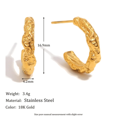 Irregular Hammered Texture C-Shape Stud Earrings Stainless Steel 18K Gold Plated Minimalist INS Style Fashion For Women