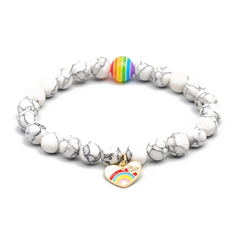 Natural Stone Beaded Bracelet With Rainbow Enamel Heart Charm Volcanic Tiger Eye Unisex Elastic Jewelry