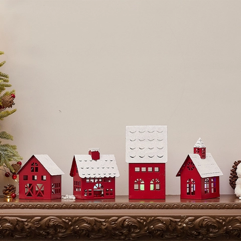 IJzeren Kerst Sneeuwhuis Kandelaar Rood Wit Glitter Metaal Tafeldecoratie Opengewerkt Feestelijk Ornament