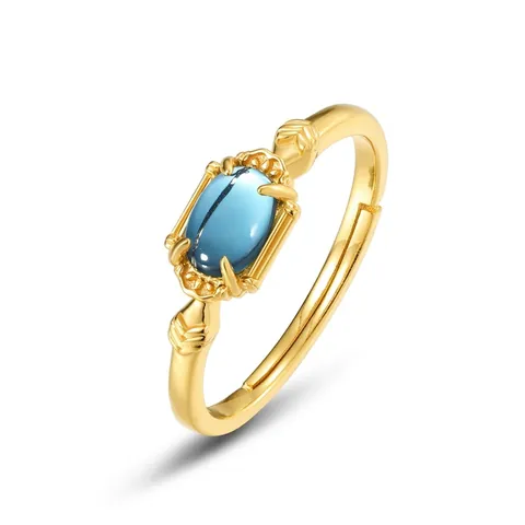 Vintage London Blue Topaz Ring 925 Sterling Silver Gold Plated Adjustable Open Band Retro Jewelry For Women Antique Design