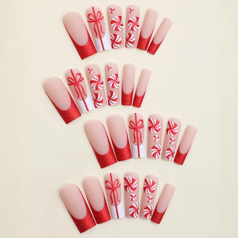 Weihnachten Künstliche Nägel Rot Weiß Sargform Extra Lang Schneeflocke Schleife Glitzer Fake Nägel Für Damen XXXL