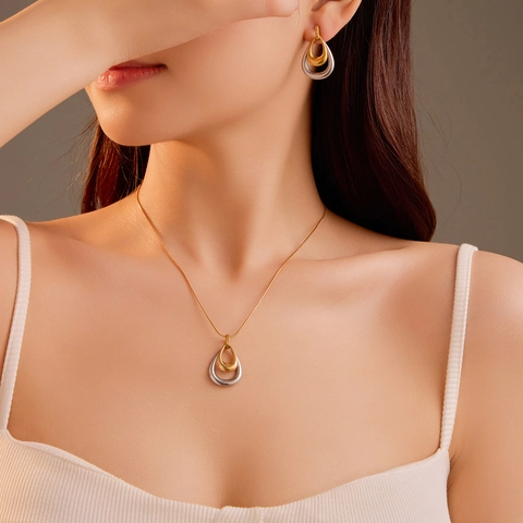 Collana Con Pendente A Goccia E Orecchini A Lobo Bicolore Oro Argento Acciaio Inossidabile Gioielli Eleganti Da Donna