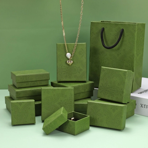 Jewelry Box Necklace Ring Storage Case Embossed Paper Gift Packaging Retro Green Elegant Detachable Lid With Sponge Lining