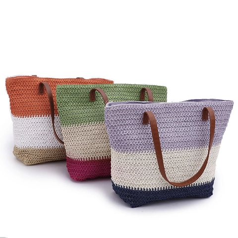 Borsa A Spalla In Paglia Intrecciata A Righe Grande Capacità Tote Da Spiaggia Colorata Con Manici In Pelle PU Chiusura Lampo Donna