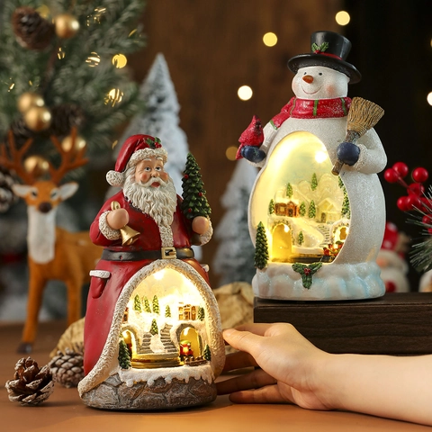 Christmas Resin Music Box LED Glowing Rotating Miniature Scene Santa Claus Snowman Holiday Tabletop Ornament
