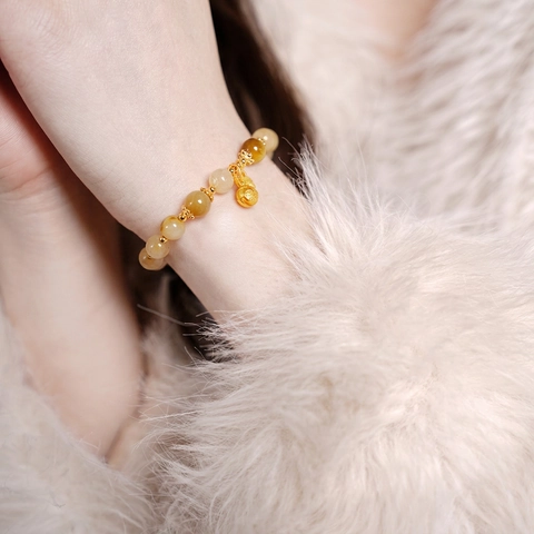 Citrine Kristall Perlenarmband Mit Goldfarbenem Fu Charakter Und Tunjinshou Anhänger Chinesischer Stil Vintage Luxus Damen