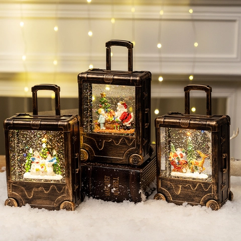 Lanterna Palla Di Neve Natale Forma Valigia Vintage Musica Lampada Acqua Glitter Luce Notturna LED Decorazione