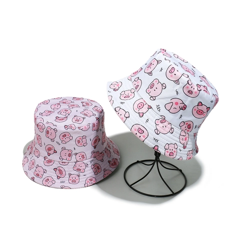 Cute Cartoon Pig Pattern Bucket Hat Polyester Sun Protection Summer Outdoor Beach Vacation Travel Casual Kawaii Style