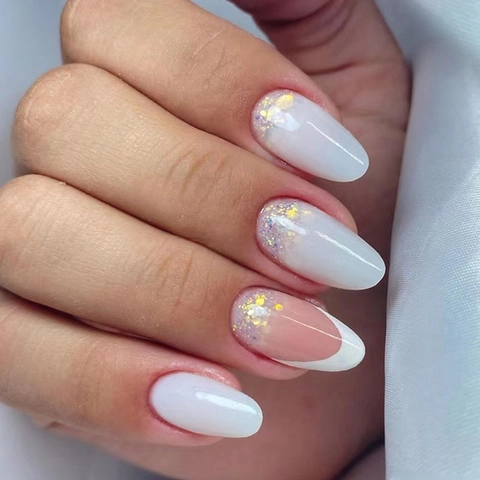 Kunstnagels Om Op Te Drukken Witte French Tip Gradiënt Amandelvorm Glitter Elegant Voor Dames