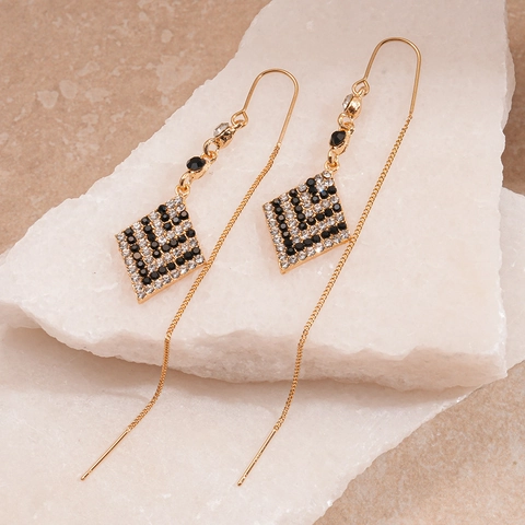 Geometric Rhombus Rhinestone Ear Thread Earrings Long Tassel Alloy Zircon Black White Contrast Retro Luxury Jewelry Women