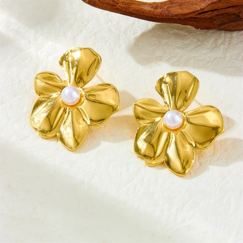 French Retro Gold Flower Stud Earrings With White Artificial Pearl Center Stainless Steel Elegant Jewelry For Women
