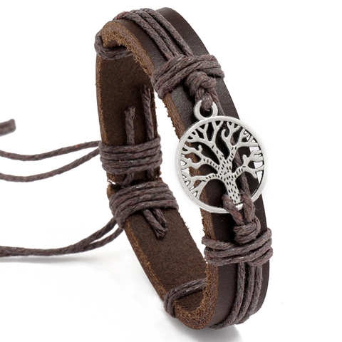 Tree Of Life Pendant Woven Cowhide Leather Bracelet Braided Hemp Rope Adjustable Drawstring Retro Punk Style Unisex Jewelry