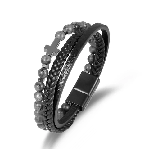 Multi-Layer Cross Charm Bracelet PU Leather Alloy Natural Stone Beads Woven Punk Vintage Jewelry Magnetic Clasp