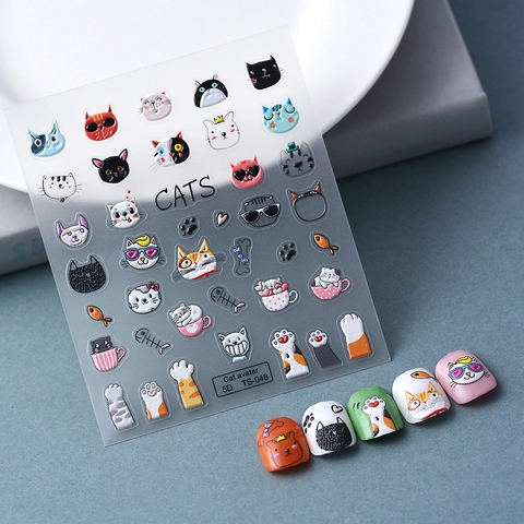 Pegatinas Para Uñas 5D Relieve Patrón Gato Dibujos Animados Impermeable Autoadhesivo Calcomanías Manicura Estilo Lindo