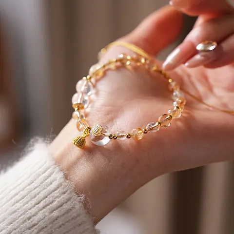 Bracciale Di Perline Di Citrino E Cristallo Bianco Con Pendente Loto In Rame Placcato Oro Stile Cinese Regolabile Per Donna