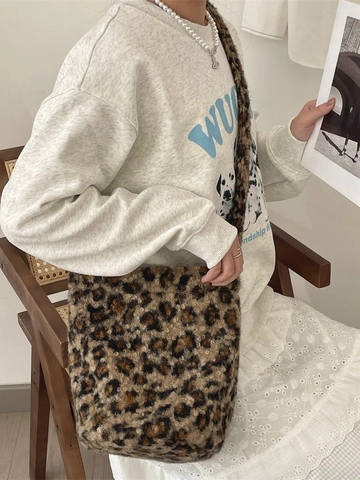 Borsa A Spalla Peluche Pelliccia Sintetica Leopardata Tote Forma Secchiello Morbida Grande Capacità Moda Per Donne Regalo