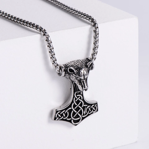 Viking Thor Hammer Pendant Necklace 304 Stainless Steel Wolf Head Celtic Knot Punk Jewelry For Men
