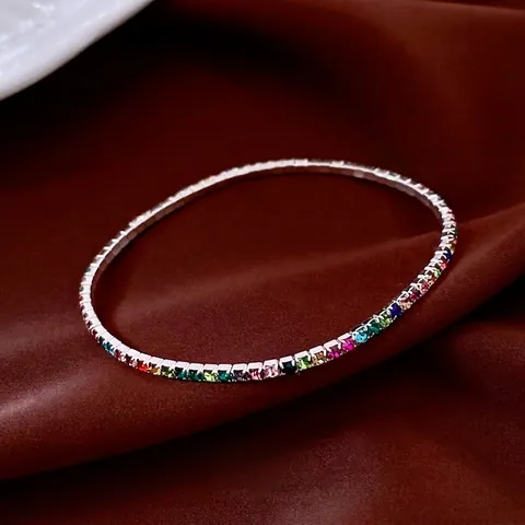 Colorful Rhinestone Tennis Bracelet Elastic Copper Single Row Rainbow Crystal Bangle For Women Fashion Jewelry