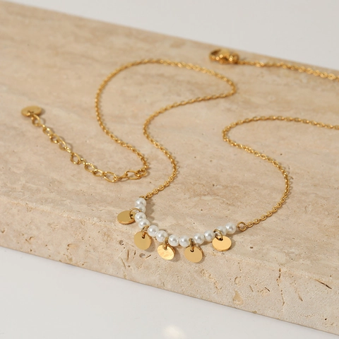Collana Con Künstliche Perle E Dischi Tondi Geometrici Acciaio Inossidabile Gioielli Minimalisti Da Donna Elegante