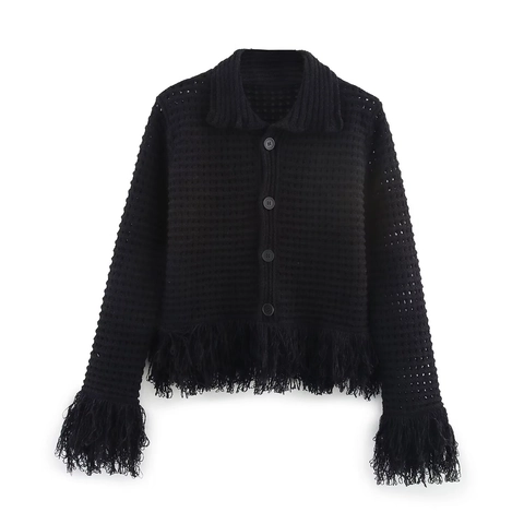 Tassel Fringe Strickjacke Und Minirock Langarm Revers Hohlknopf Down Casual Street Style Damen