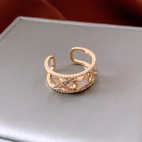 Anillo De Cobre Ajustable Estrella Zircón Nácar Calado Lujo Francés Para Mujer Joyería Geométrica De Moda