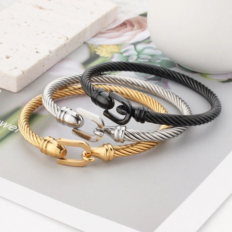 Bangle Bracelet Stainless Steel Horseshoe Buckle Twisted Cable Wire Retro Minimalist Nautical Style For Men Women