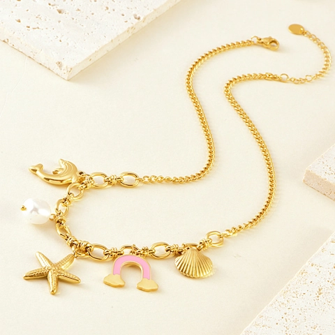 Collar Dijes Tema Océano Chapado Oro Acero Titanio Delfín Estrella Mar Concha Esmalte Arcoíris Perla Artificial Joyería Mujer