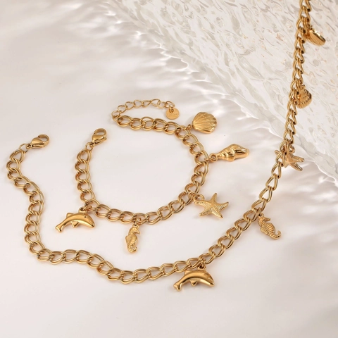 Oceaan Marine Thema Ketting En Armband Roestvrij Staal PVD Verguld Zeester Schelp Dolfijn Zeepaardje Bedels Waterdicht