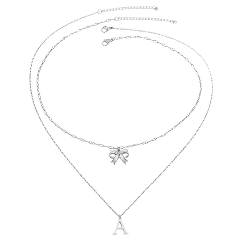 Stainless Steel Double Layer Bowknot Initial Pendant Necklace Gold Silver A-Z Alphabet Clavicle Chain Jewelry For Women