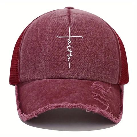 Cappello Da Baseball Distressed Con Stampa Croce Faith Cotone Lavato Mesh Traspirante Trucker Hat Retro Sole Outdoor