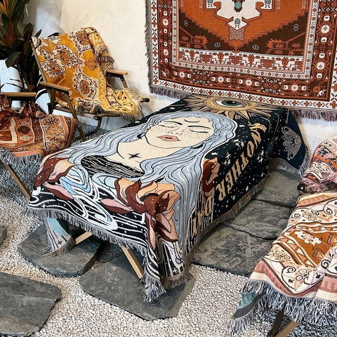 Bohemian Woven Cotton Blanket Throw With Tassels Mystical Sun Moon Lotus Female Portrait For Sofa Bed Camping Picnic