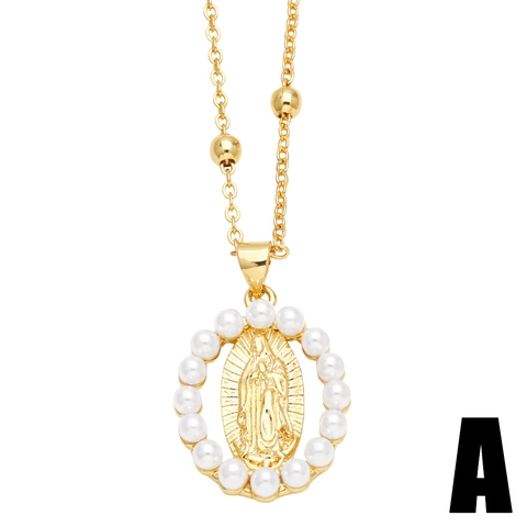 Jungfrau Maria Herz Kreuz Anhänger Halskette Vergoldet Kupfer Weiße Kunstperle Religiöse Retro Nischenschmuck Für Damen