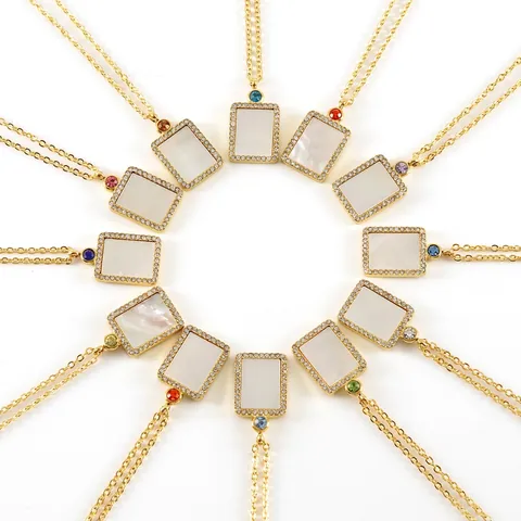 Rechthoekige Schelp Hanger Ketting Roestvrij Staal 18K Verguld Kleurrijke Zirkoon Geboortesteen Sieraden Voor Dames
