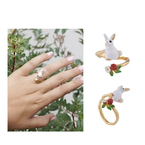 Enamel Glazed Open Adjustable Rings 3D Animal Flower Rabbit Cat Hydrangea Apple Design For Women French Pastoral Style