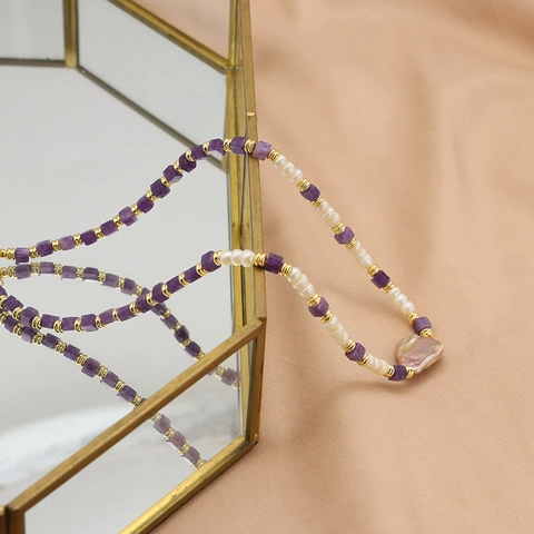 Baroque Freshwater Pearl Amethyst Beaded Necklace 18K Gold Plated Retro Adjustable Handmade Choker Necklace Women Jewelry