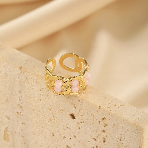 Edelstahl Gold Überzogene Unregelmäßige Hohl Offener Ring Für Damen Mode Schmuck Mit Rosa Künstlichen Perlen