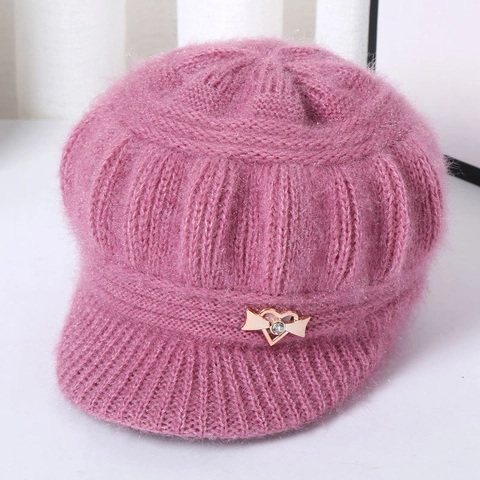 Women Knitted Newsboy Cap Winter Warm Fleece Lined Thickened Visor Hat For Middle Aged Elderly Women Rhinestone Butterfly