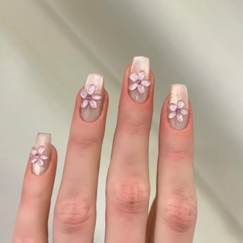 Ballerina Aufklebenägel 3D Blume Perlschimmer Verlauf Rosa Harz Strass Elegante Künstliche Nägel