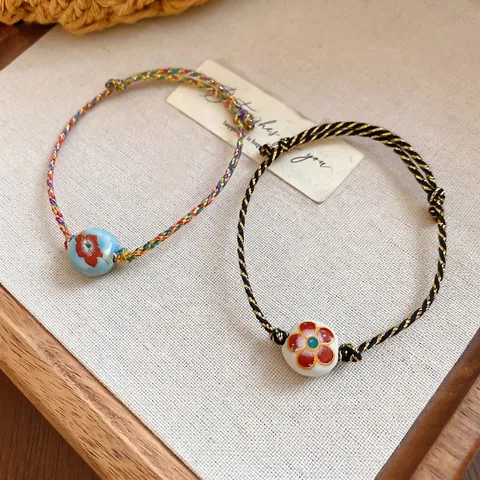 Handmade Woven Rope Bracelet Bohemian Retro Style Ceramic Flower Bead Adjustable Ethnic Jewelry For Women