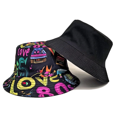 Retro 80er Jahre Graffiti Print Fischerhut Buntes Love Muster Vintage Streetwear Sonnenschutz Outdoor Hut