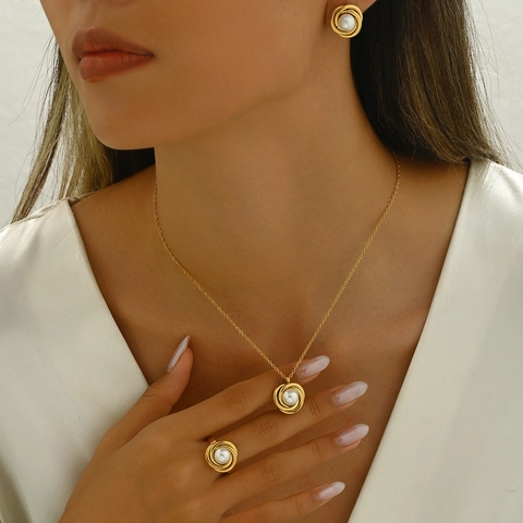 Elegant Artificial Pearl Jewelry Collection Stainless Steel Rose Flower Spiral Wire Wrapped Necklace Earrings Ring Women Luxury